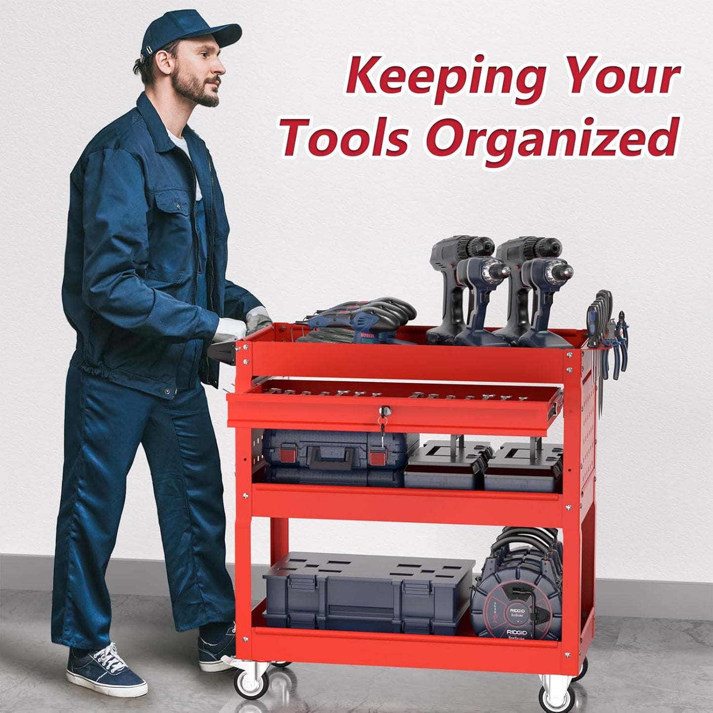 3 Tier Rolling Tool Cart on Wheels, Heavy Duty Service Cart Industrial Utility Cart with Drawer and