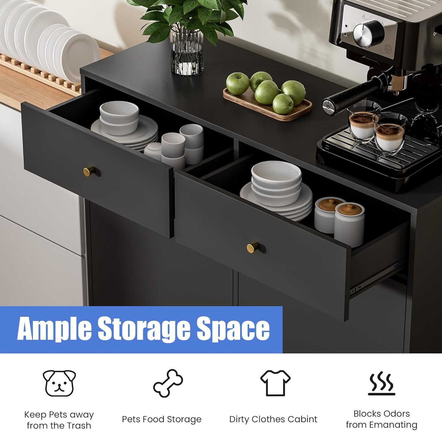 Double Tilt Out Trash Can Cabinet, Trash Storage Cabinet with 2 Drawers, Hidden Garbage Bin, Free