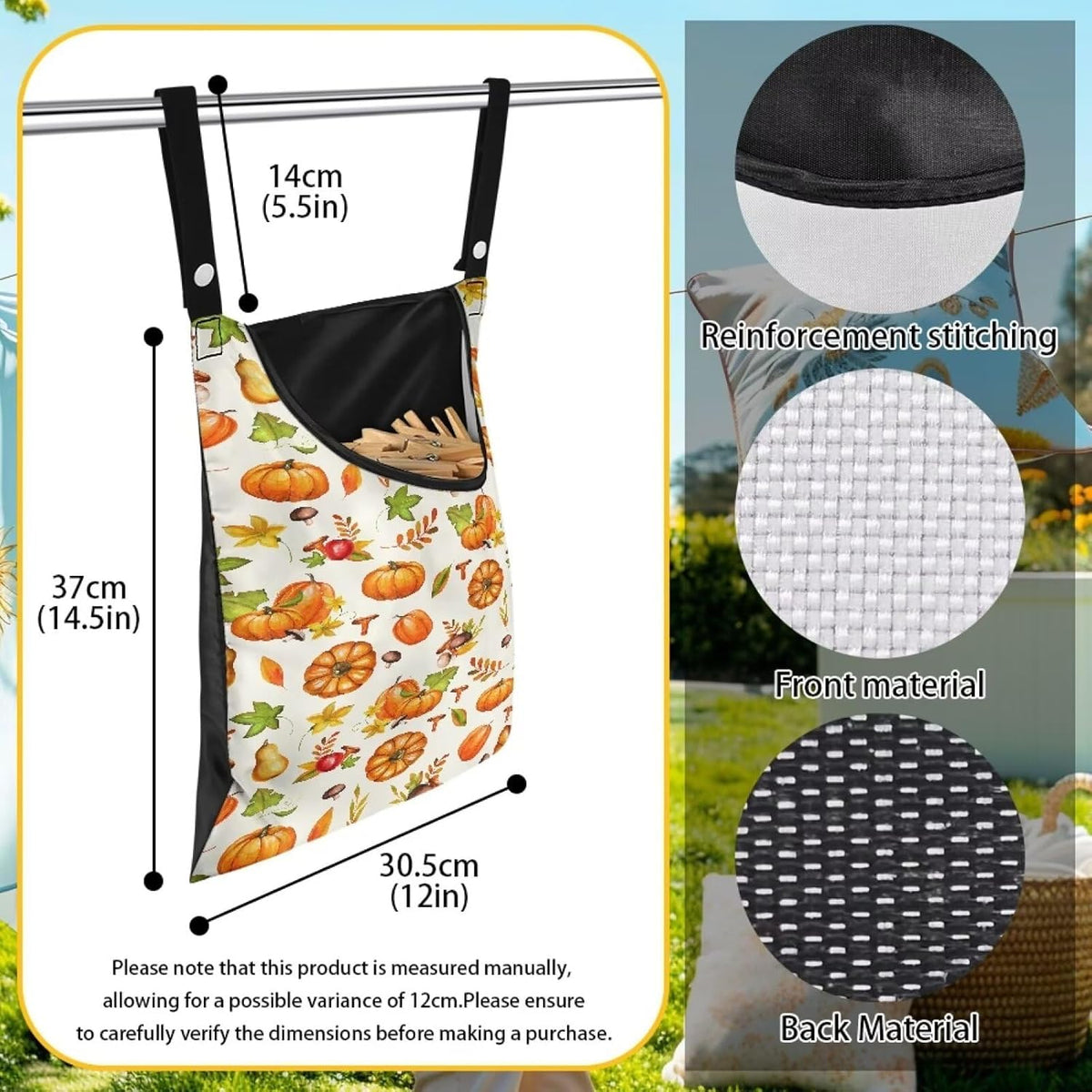 Pumpkin Print Clothespin Bag with Hanging Rope Space-Saving Clothespin Storage Organizer Waterproof