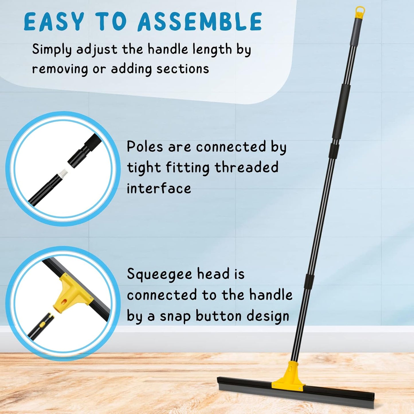 Floor Squeegee for Concrete and Tile Cleaning, 24'' Rubber Wiper Broom, Large Heavy Duty Water
