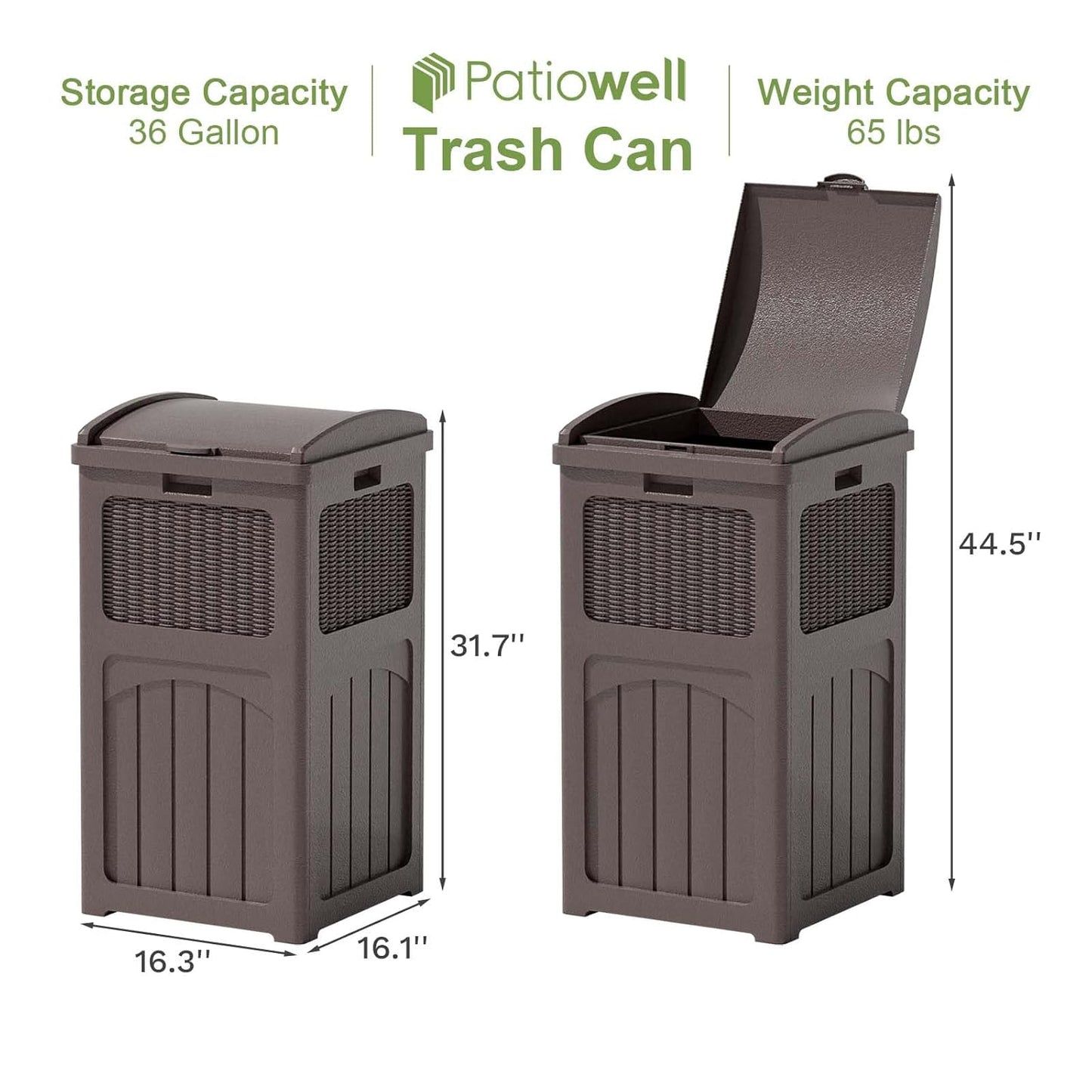 Patiowell 36 Gallon Outdoor Trash Can, Resin Outdoor Garbage Can with Lid for Patio, Backyard
