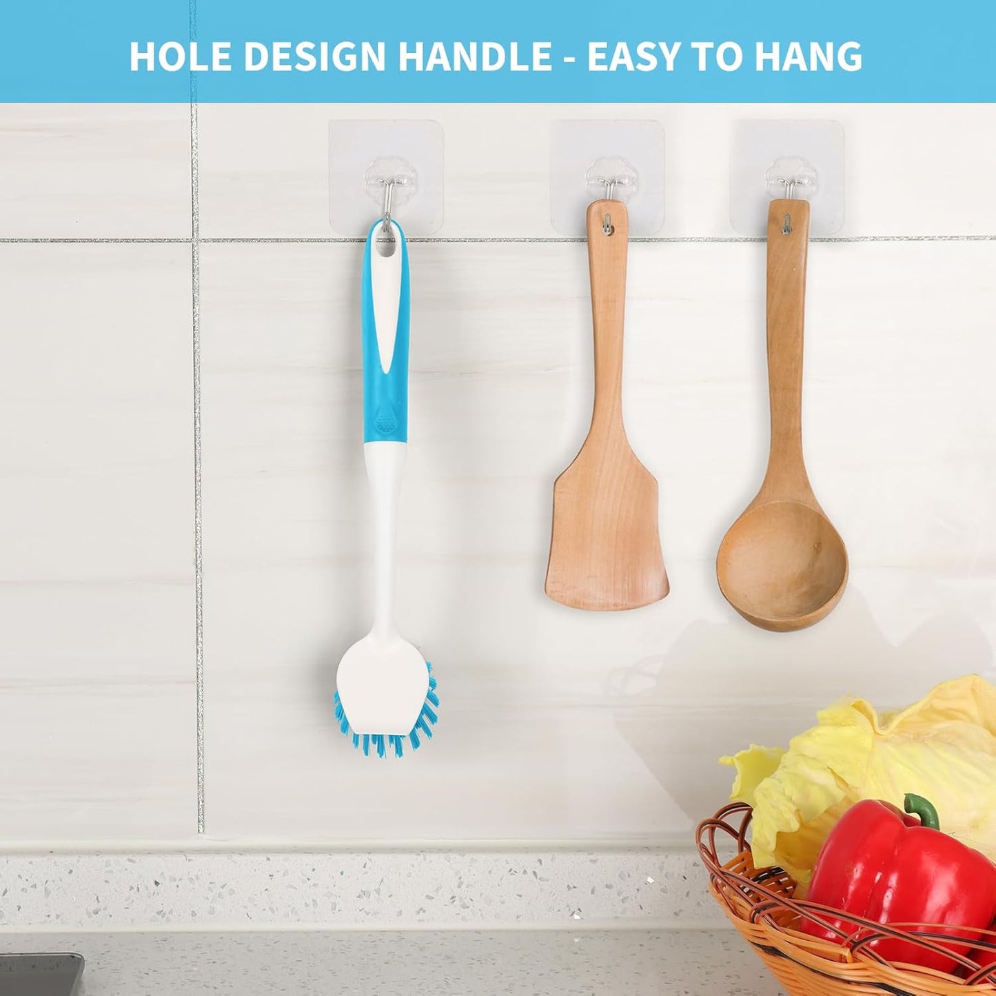 Dish Brush with Handle, 2 Pack Scrub Brushes with Built-in Scraper for Cleaning Kitchen, Pots, Pans