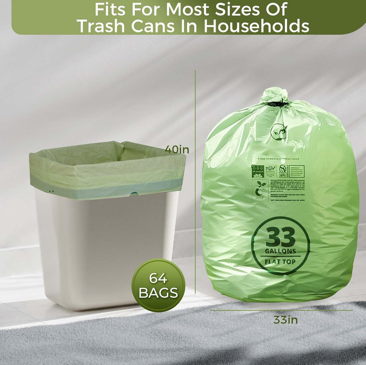 30-33 Gallon Compostable Trash Bags with Flat-Top, Heavy Duty Extra Thick 1.57 Mil, 124.92 Liter