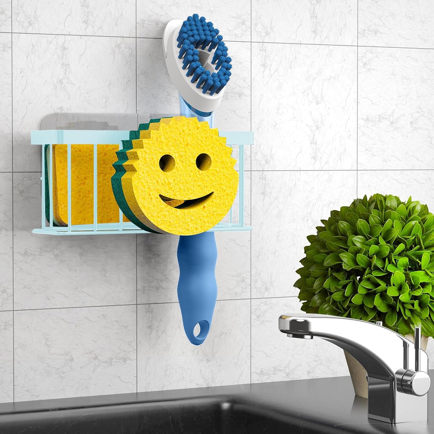 Sponge Holder Smiley Face,Sink Caddy for Kitchen Sink,Sponge Holder with 2 PCS Suction Cups/1 PCS