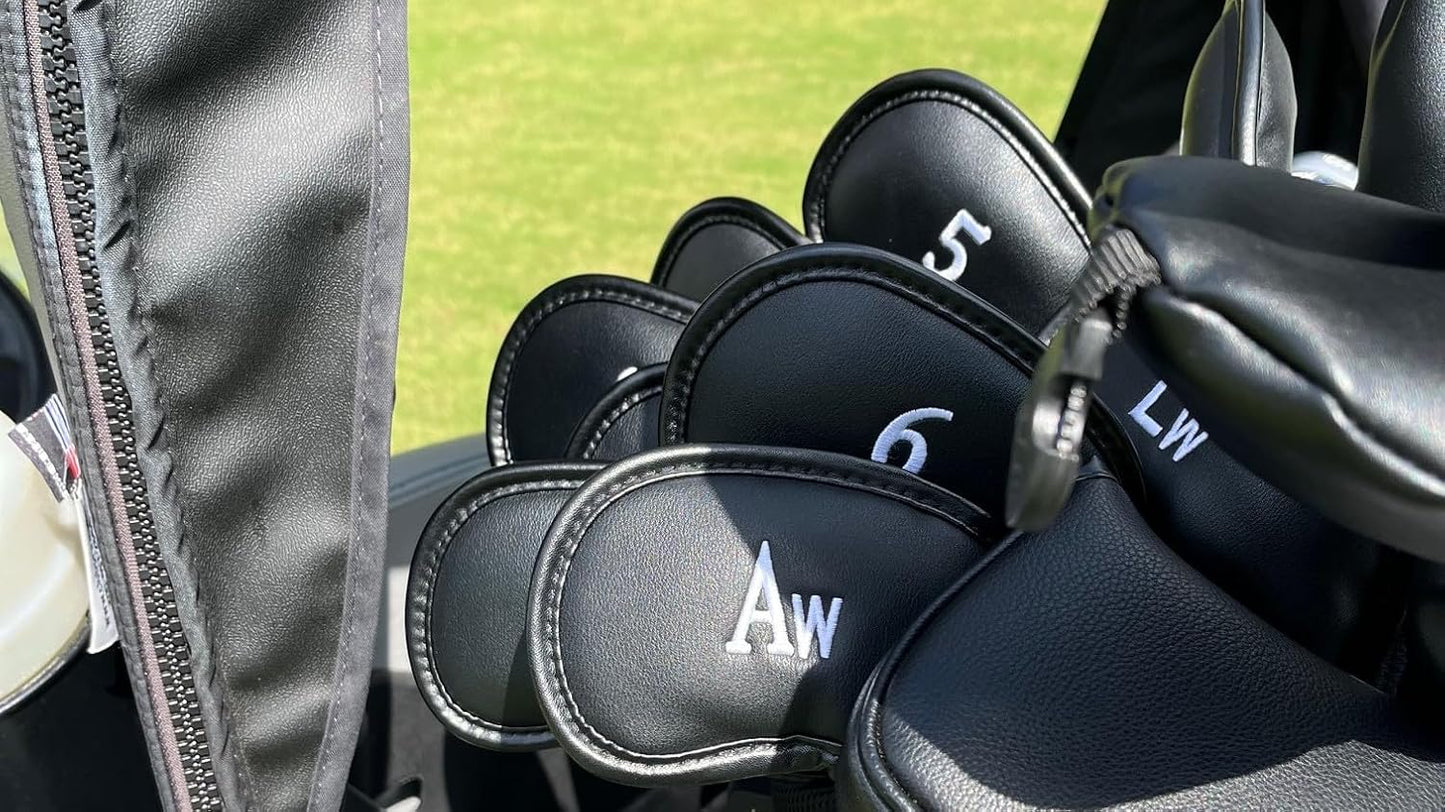 Premium Magnetic Leather Iron and Wedge Golf Club Head Covers | Set of 10 | Fits Most Clubs |