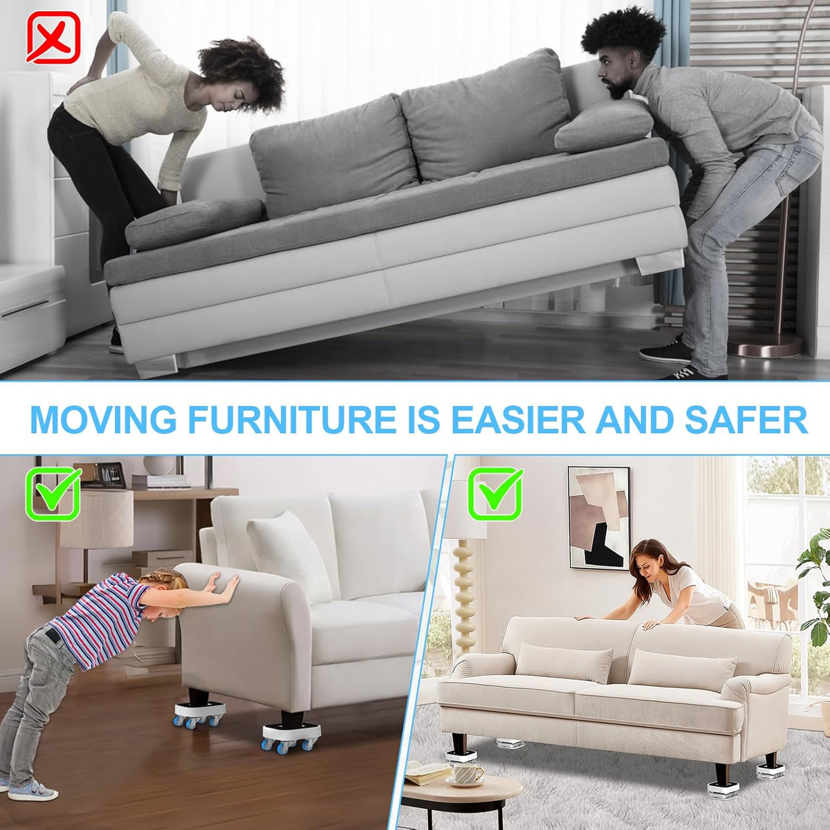 New Upgraded Furniture Sliders for Hard Floors & Carpets, 2-in-1 Furniture Movers with Wheels