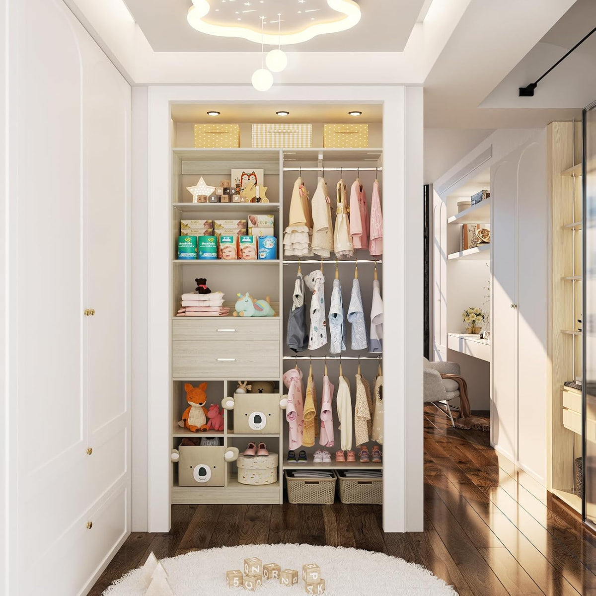 5FT Small Closet System, Baby Closet Organizer System with Wooden Drawers, 60 Inches Walk in Closet