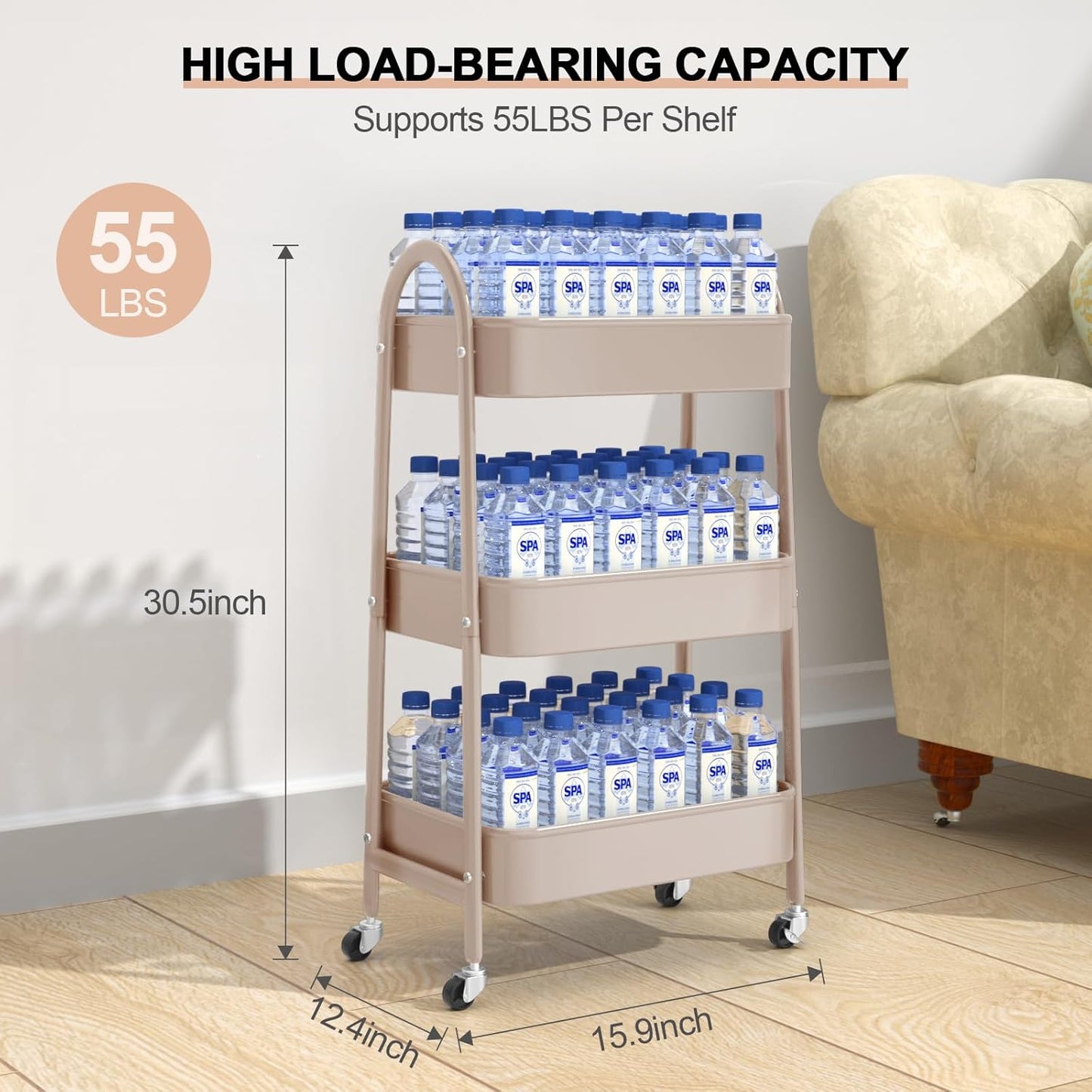EAGMAK 3 Tier Utility Rolling Cart, Metal Storage Cart with Handle and Lockable Wheels