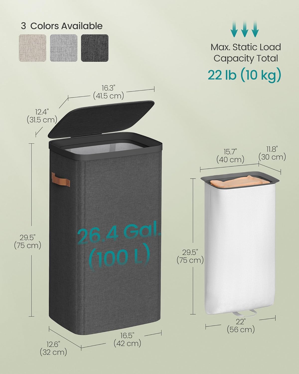 SONGMICS Laundry Basket, 26.4 Gal. Laundry Hamper, Easy Assembly, with Lid and Handles, Removable