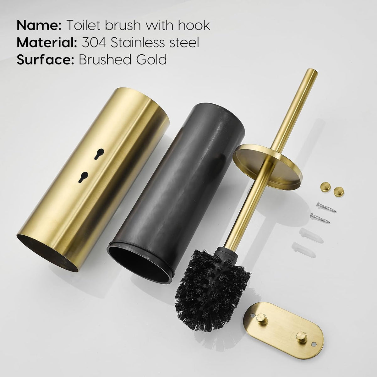 Gold Brushed Stainless Steel Toilet Brush and Cover, No-Punch Hook Base Dual Purpose Toilet Brush