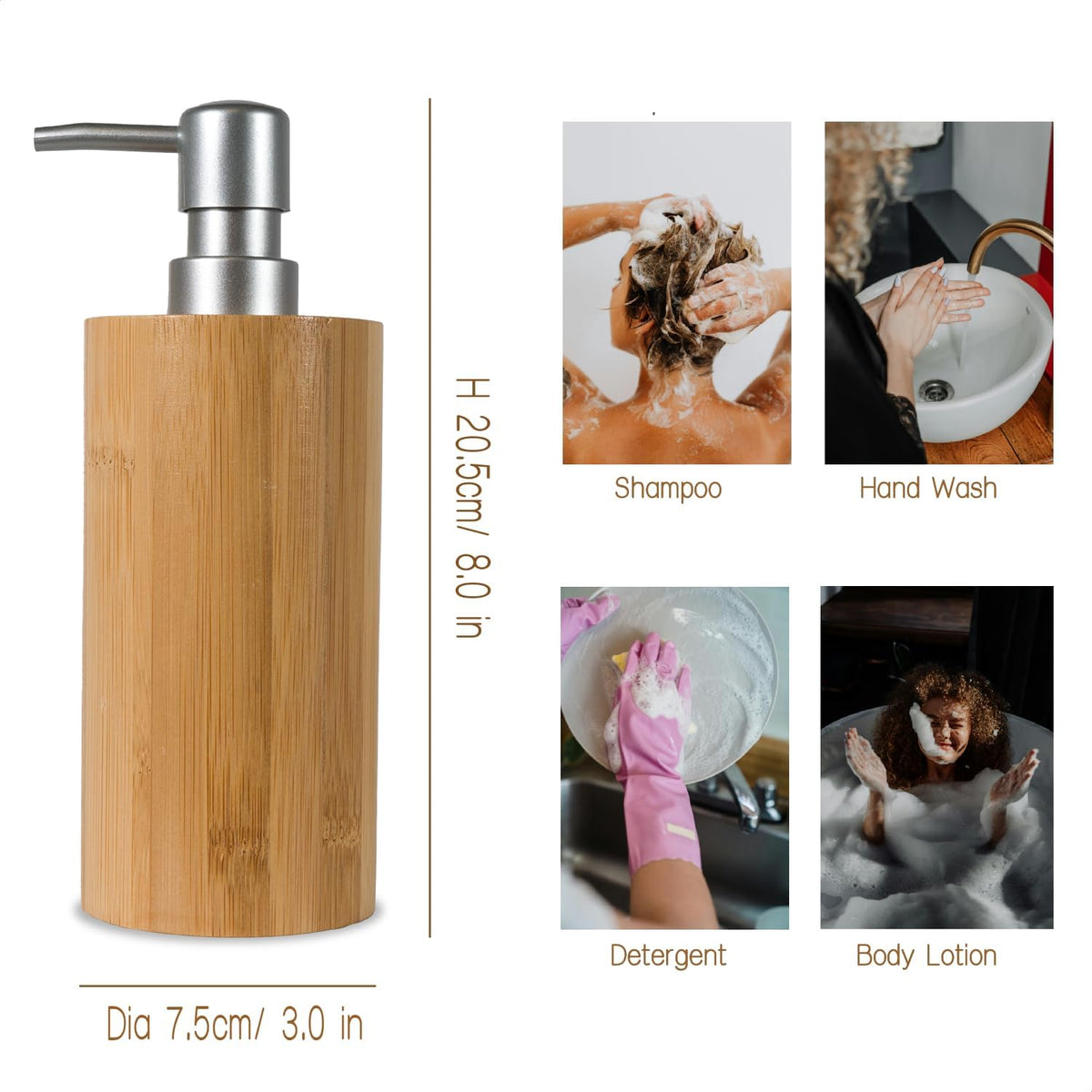 Natural Bamboo Liquid Soap Dispenser, 10 oz with Silver Plastic Pump, Refillable Hand Soap