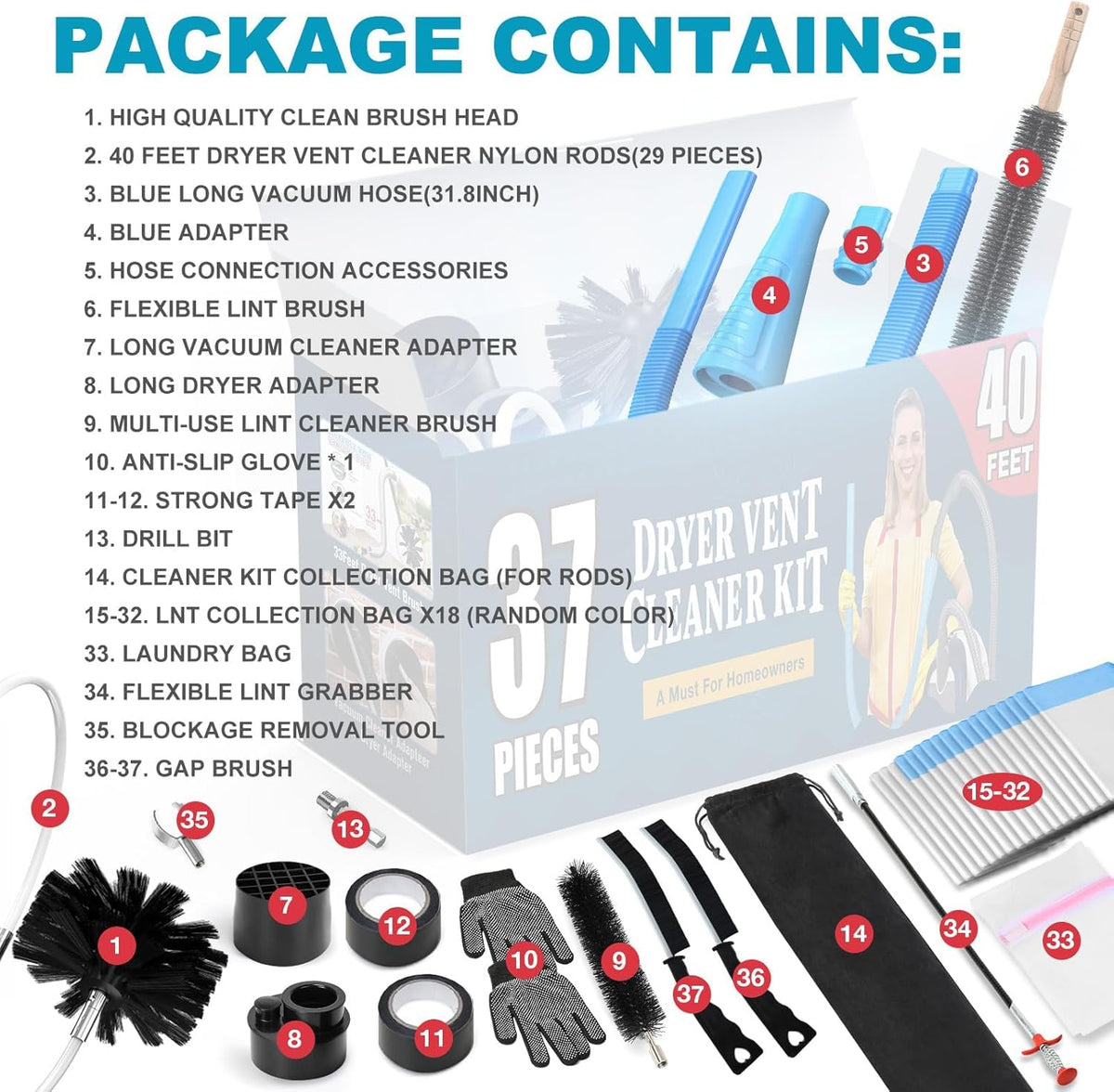 Sealegend 47-Piece 40-Feet Dryer Vent Cleaner Kit, Dryer Cleaning Tools, Omnidirectional Dryer Lint