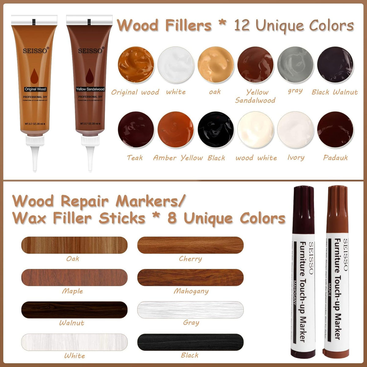 SEISSO Wood Scratch Repair Kit - Set of 36 Wood Filler Putty for Scratches Furniture Markers Touch