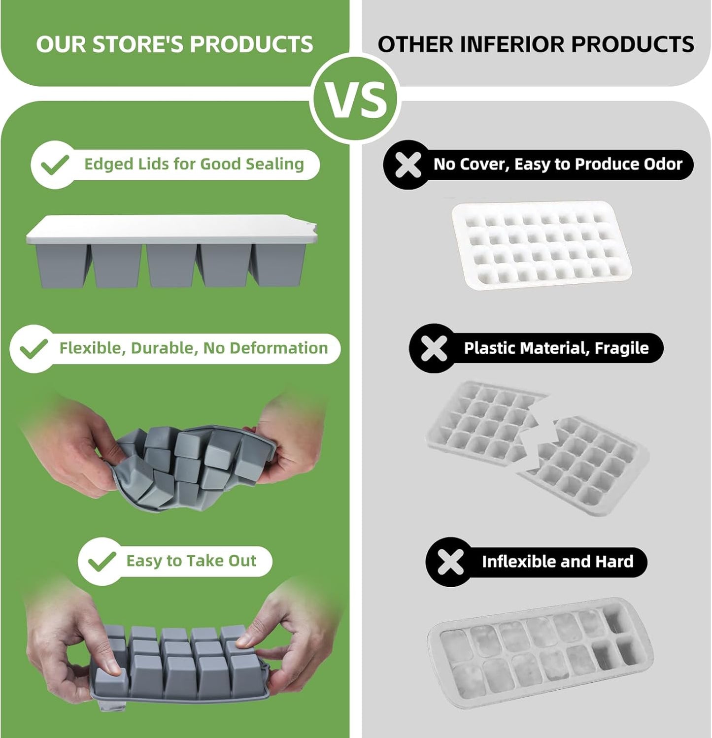 Silicone Ice Cube Tray, 2 Pack Easy-Release Stackable Ice Trays for Freezer with Lid 15 Reusable