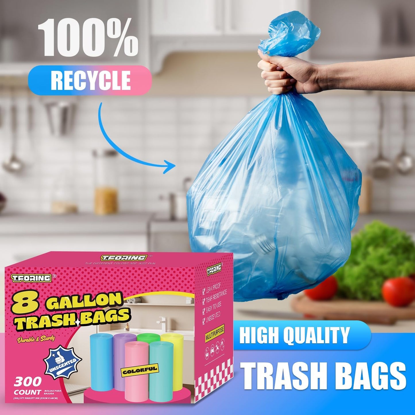 300 Count 8 Gallon Trash Bags - Heavy Duty Medium Garbage Bags 30 Liter Unscented 0.94 Mil Thick &