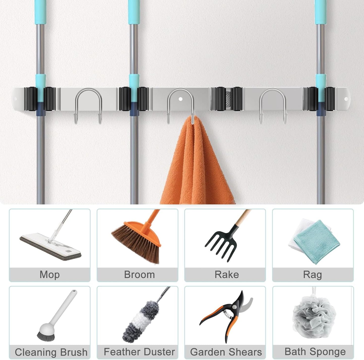 Mop Broom Holder Wall Mount, 2 Packs Silver Stainless Steel Tool Storage Organizer for Kitchen