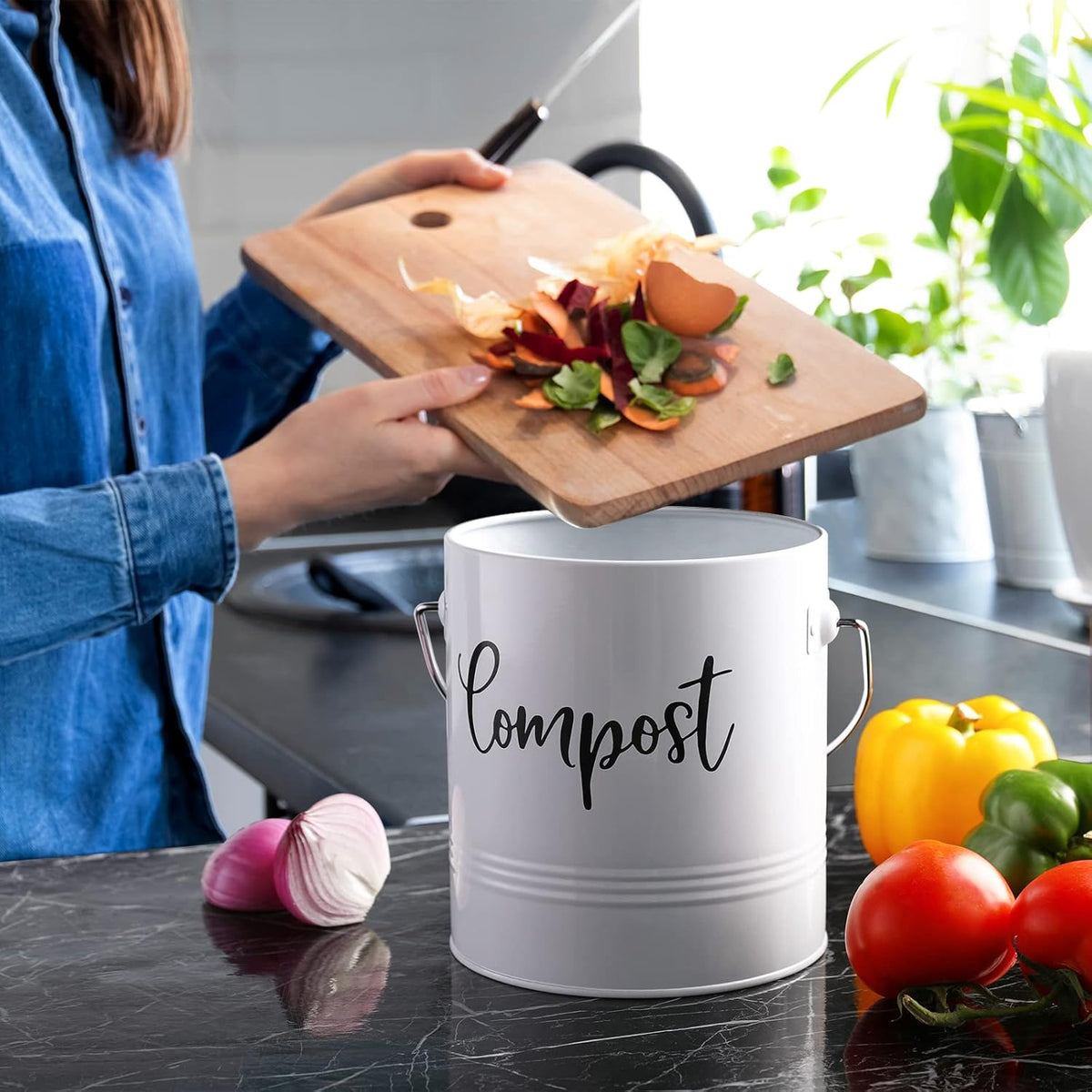 Compost Bin Kitchen, 1.3 Gallon Farmhouse Kitchen Compost Bin Countertop, Indoor Countertop Compost