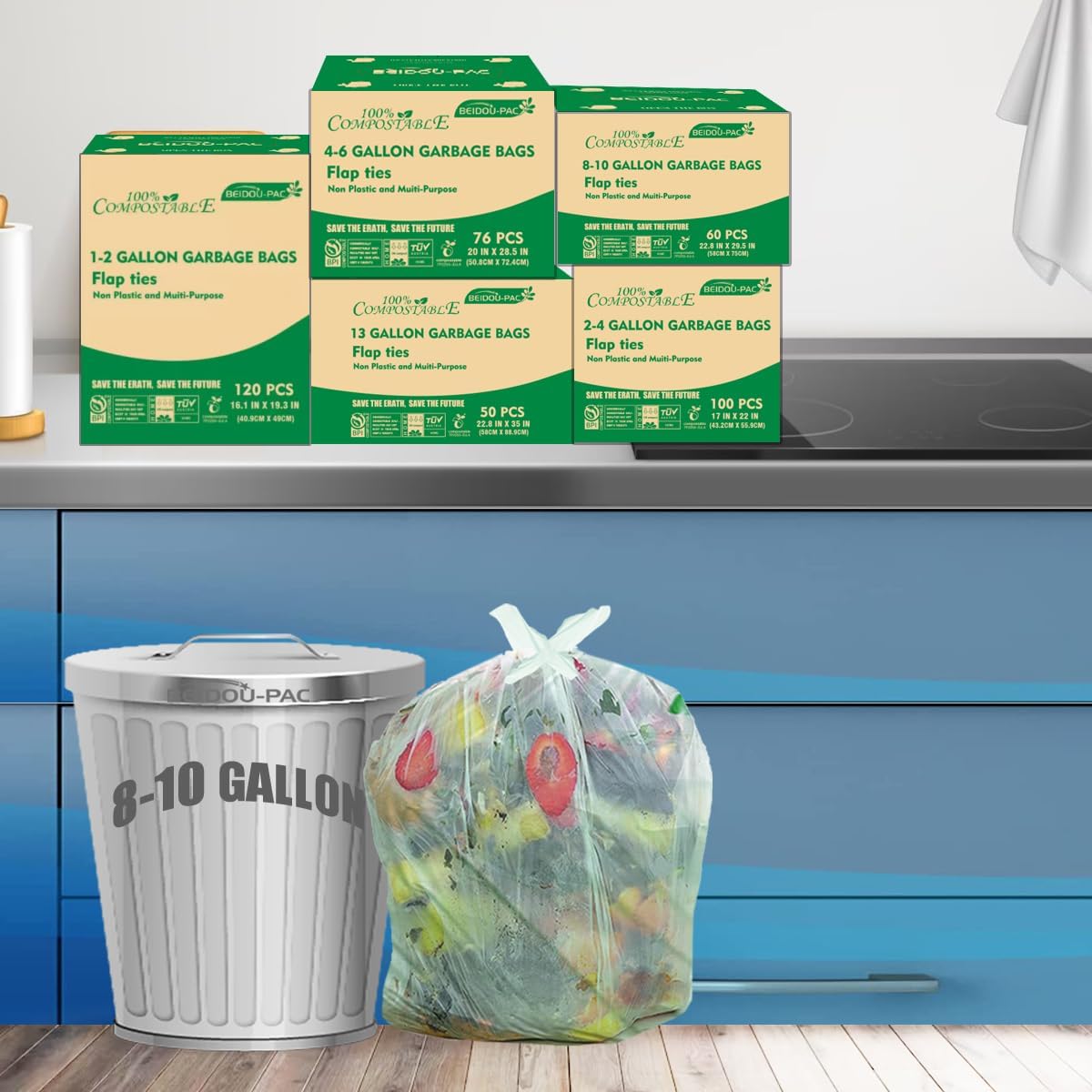 8-10 Gallon Flap Tie Compostable Trash Bags, 60 Count, Compost Bags Kitchen Trash Bags, Sturdy