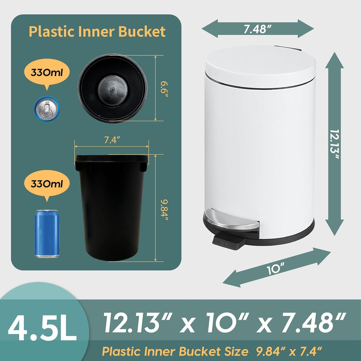 SunnyPoint 4.5 Liter(1.2 Gallon) Small Round Trash Can with Plastic Inner Bucket; Bathroom, Office