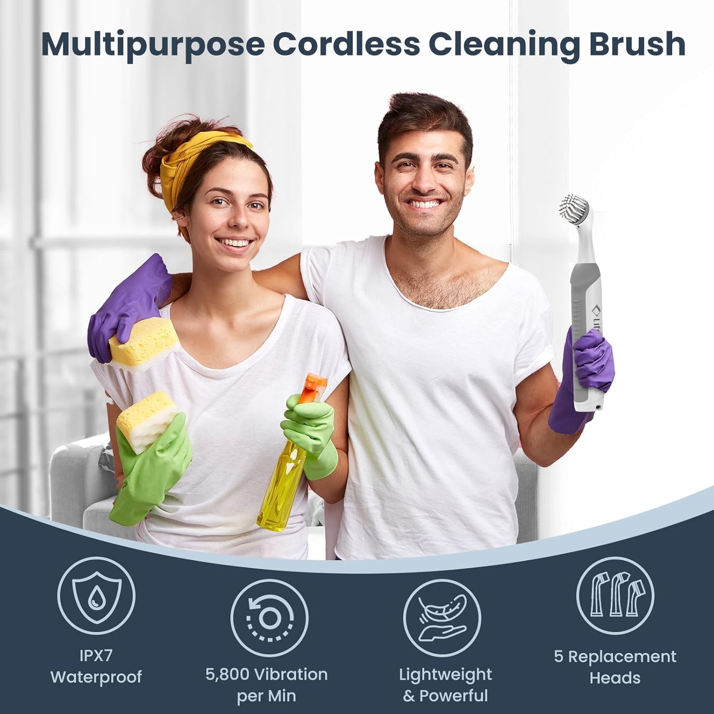 LifeBasis Rechargeable Power Scrubber, Cordless Electric Cleaning Brush, Water Resistant Small