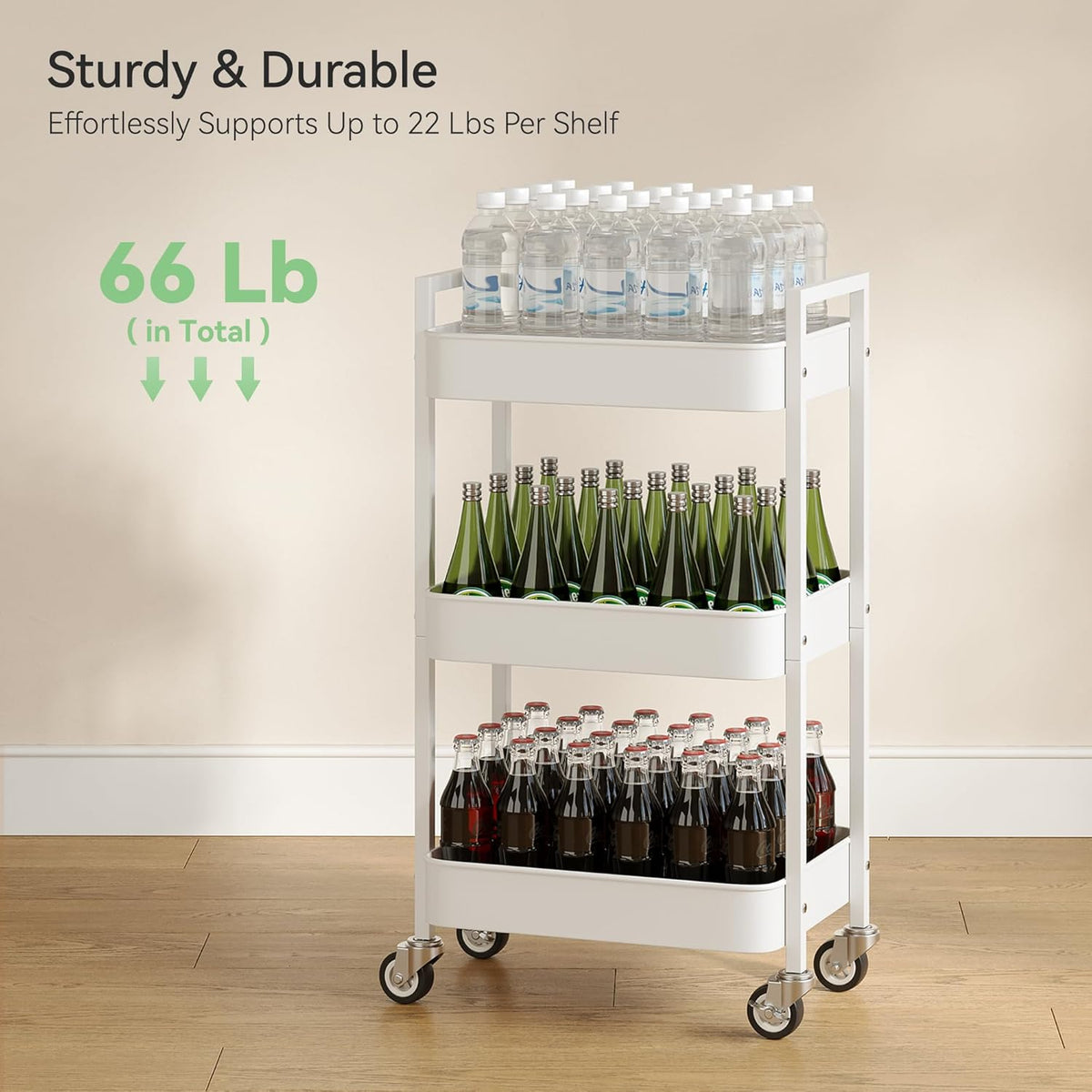3 Tier Rolling Cart,Utility Cart with Locking Wheels, Hanging Cups,&Hooks, Heavy Duty Metal Storage