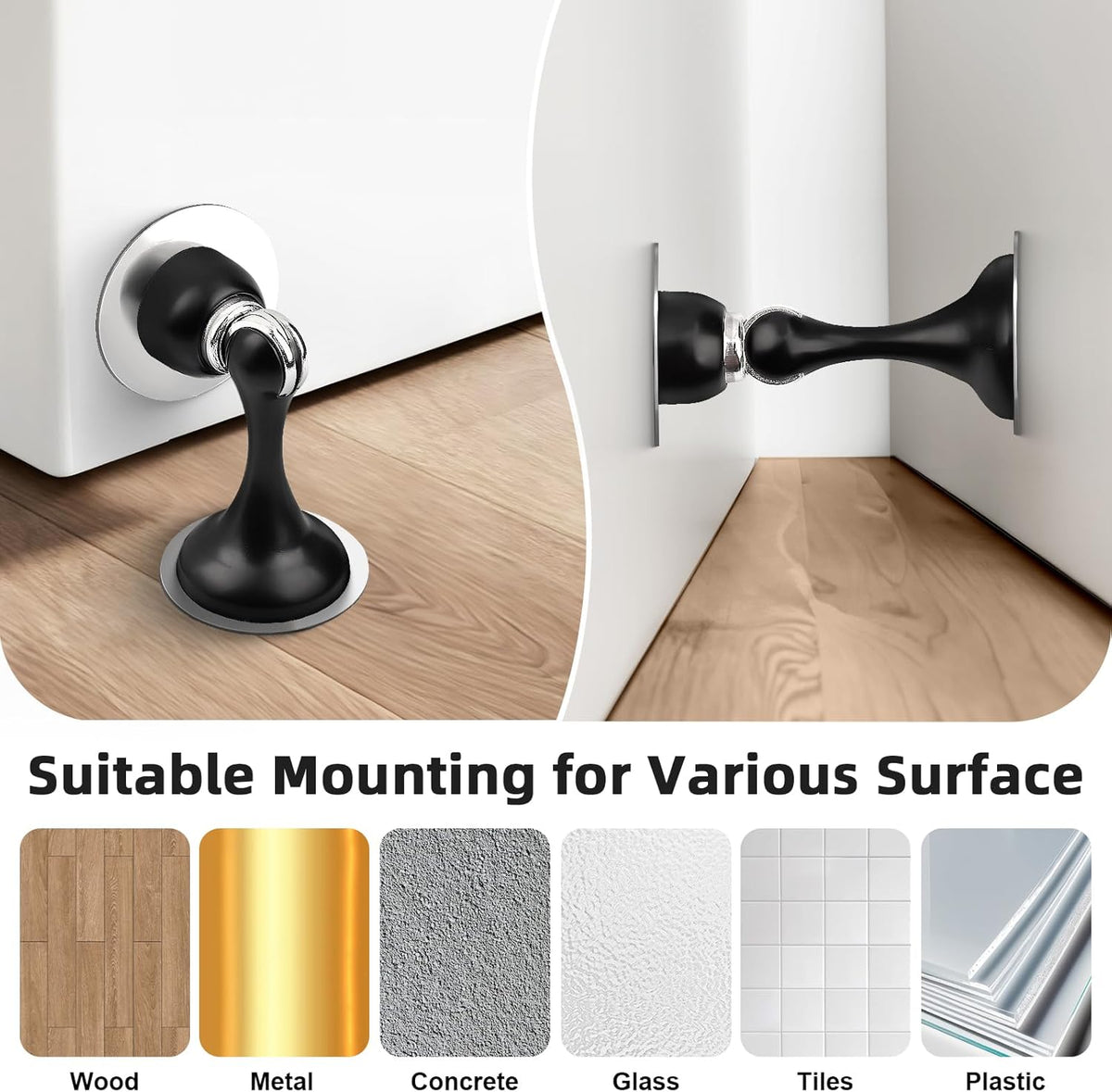 Probrico Black Magnetic Door Stoppers for Bottom of Door, Stainless Steel Magnet Door Catch Door
