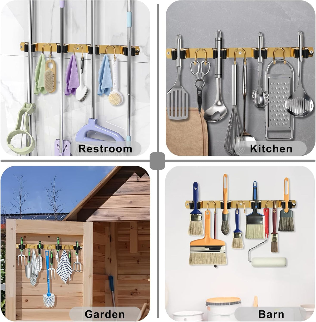 Mop Broom Holder Wall Mount, Gold Stainless Steel Tool Storage Organizer for Kitchen Garden Garage