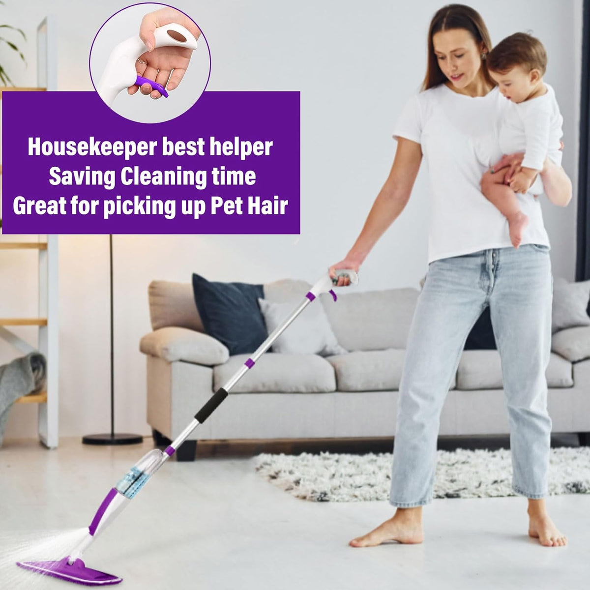 Mops for Floor Cleaning Wet Spray Mop with 14 oz Refillable Bottle and 3 Washable Microfiber Pads