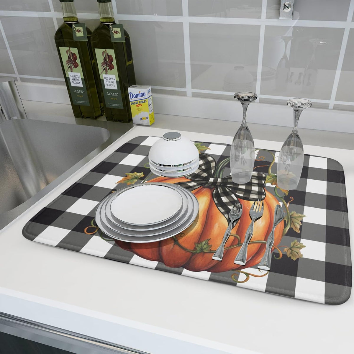 Fall Drying Mats for Kitchen Counter Fall Pumpkin Dish Drying Mat 18 x 24 Inch Autumn Black White