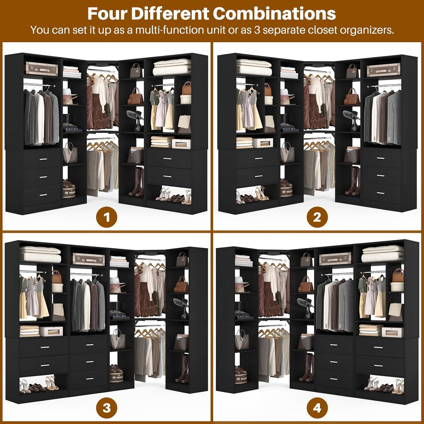 Corner Closet System with 5 Drawers, Closet Organizer System with 15+Shelvess & 4 Hanging Rods