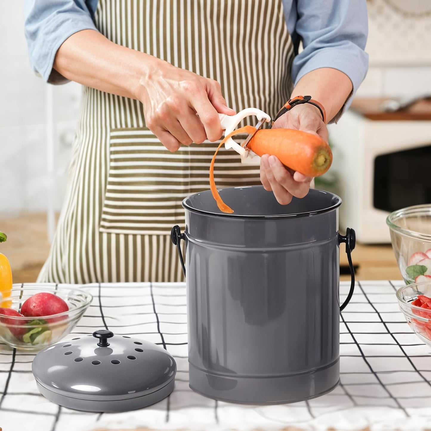 Plexon Countertop Compost Bin Kitchen with Lid, Gray 1.5 Gallon Odorless Container, Steel Food