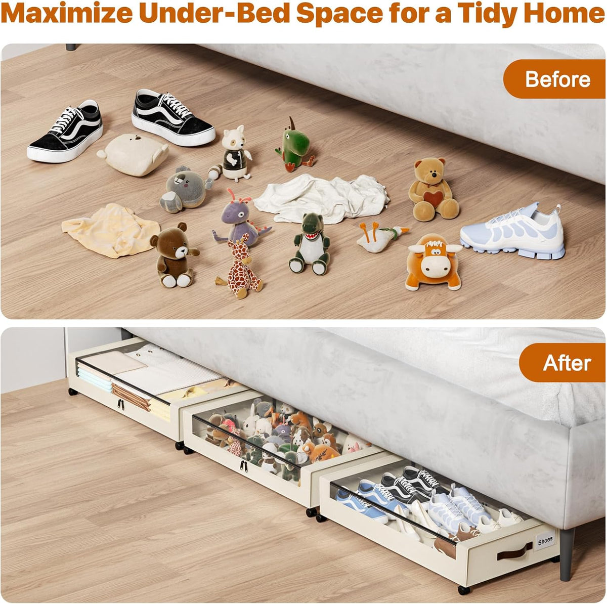Under Bed Storage with Wheels,XXL 60L Under Bed Storage Containers with Clear Lids, Rolling Under