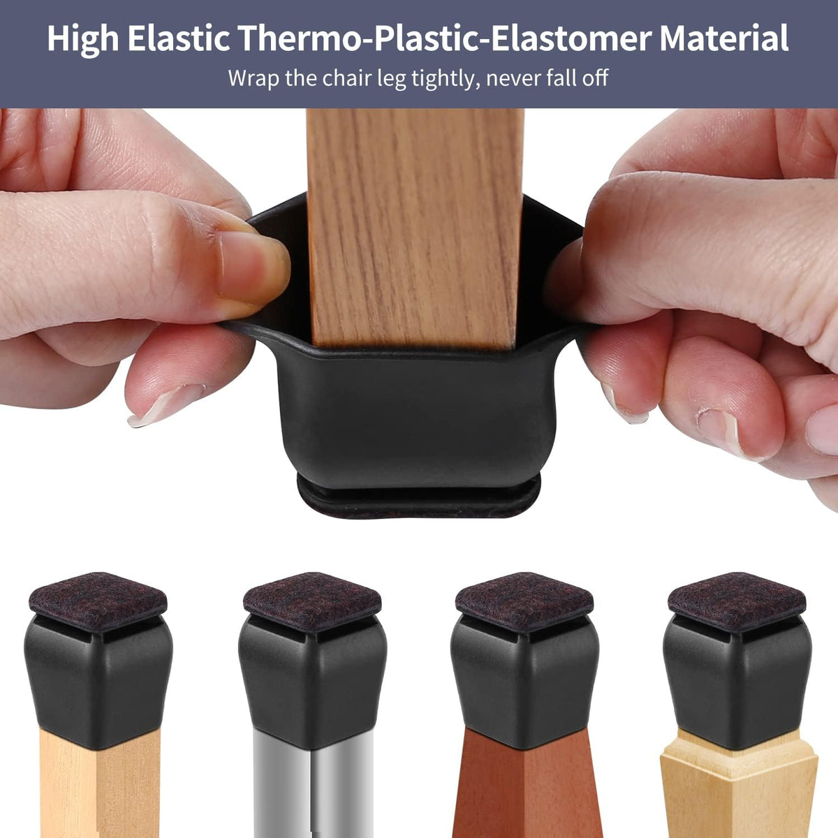 Ezprotekt 24 Pcs Square Silicone Chair Leg Floor Protectors for Wood Floors, Black Felt Furniture