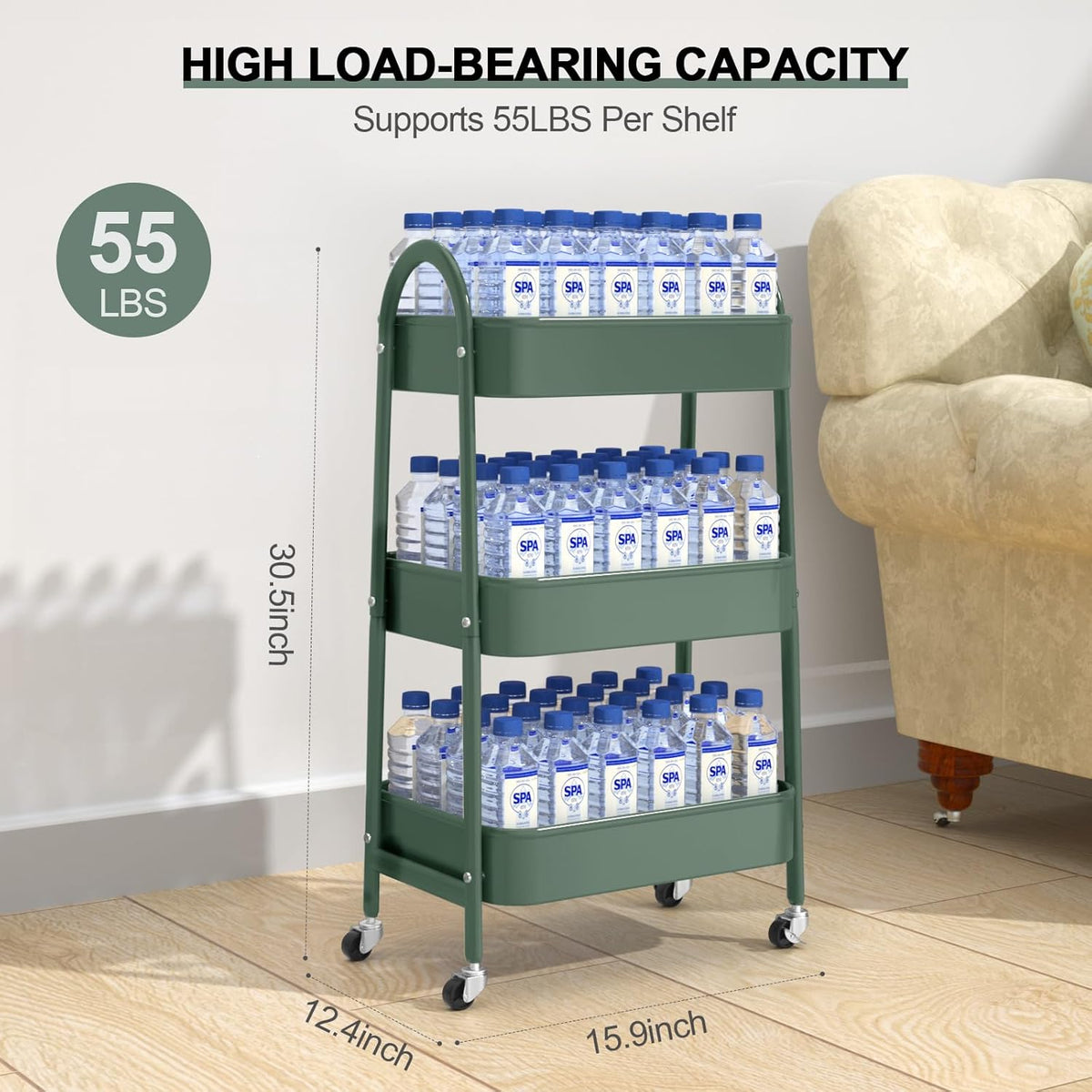 EAGMAK 3 Tier Utility Rolling Cart, Metal Storage Cart with Handle and Lockable Wheels