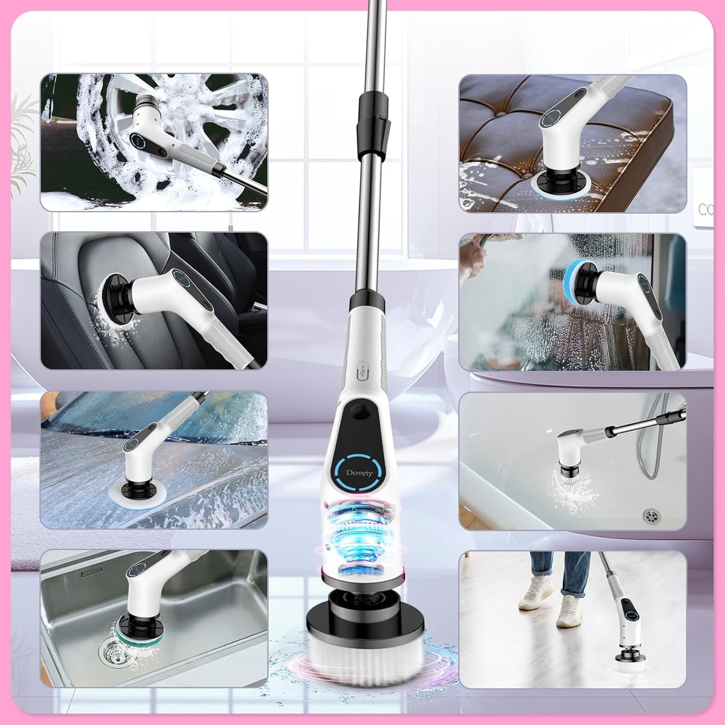 Dovety Electric Spin Scrubber, Cordless Cleaning Brush, Shower Scrubber with 8 Replaceable Brush
