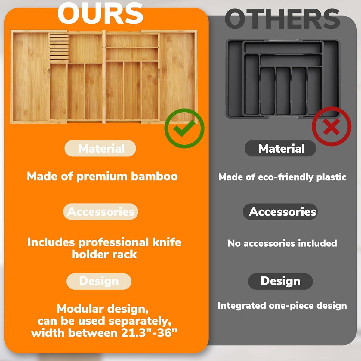 BAMEOS Expandable Silverware Drawer Organizer with Removable Knife Blocks, Bamboo Kitchen Utensil