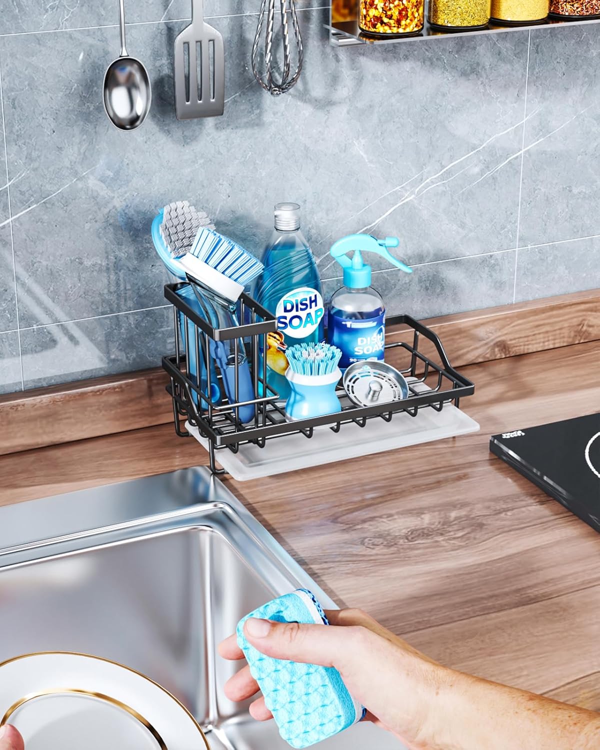 Consumest Sink Caddy, Kitchen Sponge Holder with Dish Brush Holder, Kitchen Sink Organizer with