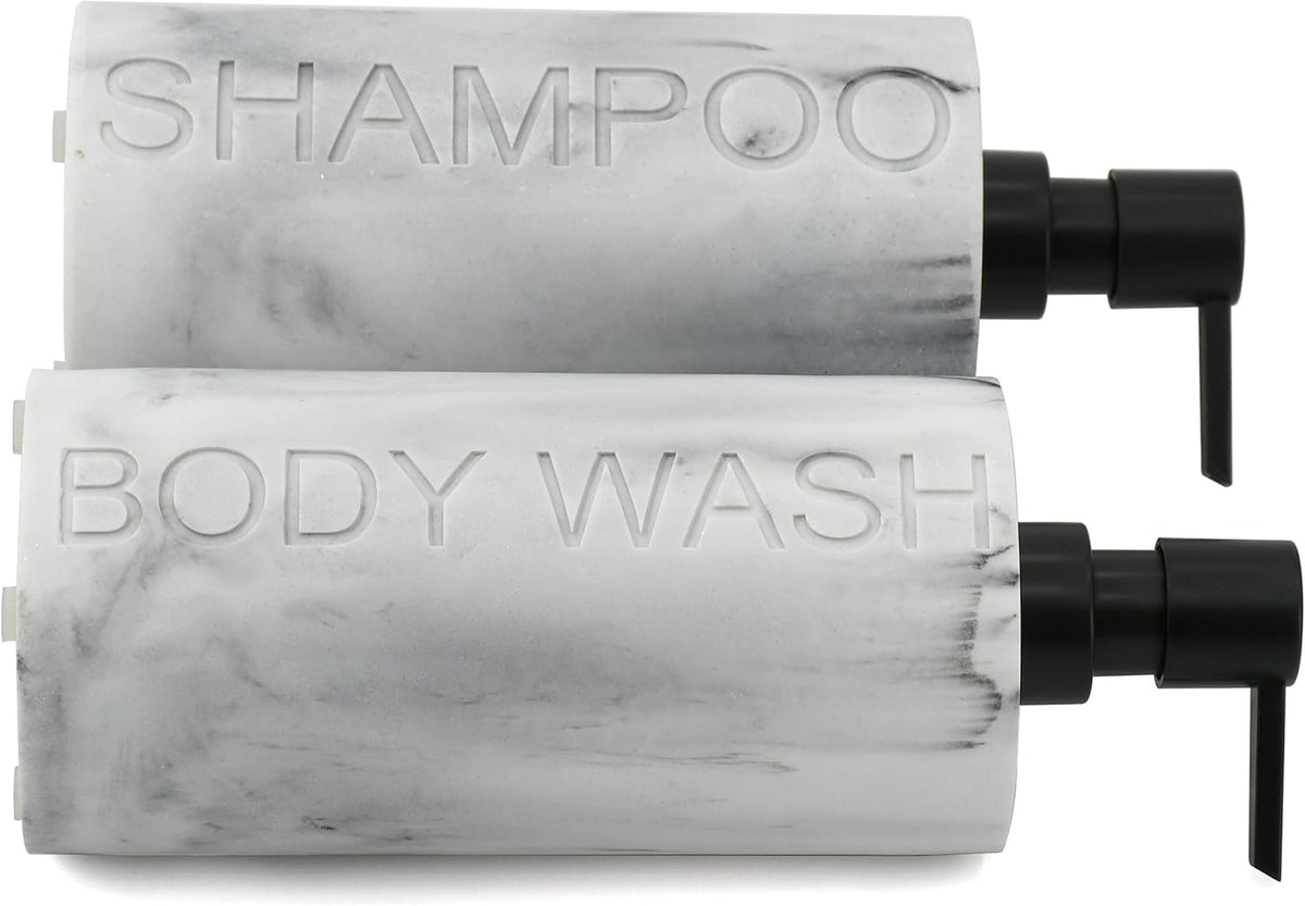 Marble Resin 2 Piece Shampoo and Body Wash Dispenser Set, Luxurious Refillable Pump Bottles with