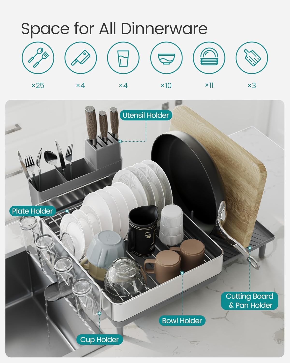 SONGMICS Large Dish Drying Rack, Expandable Dish Dryer for Kitchen Counter, Stainless Steel Dish