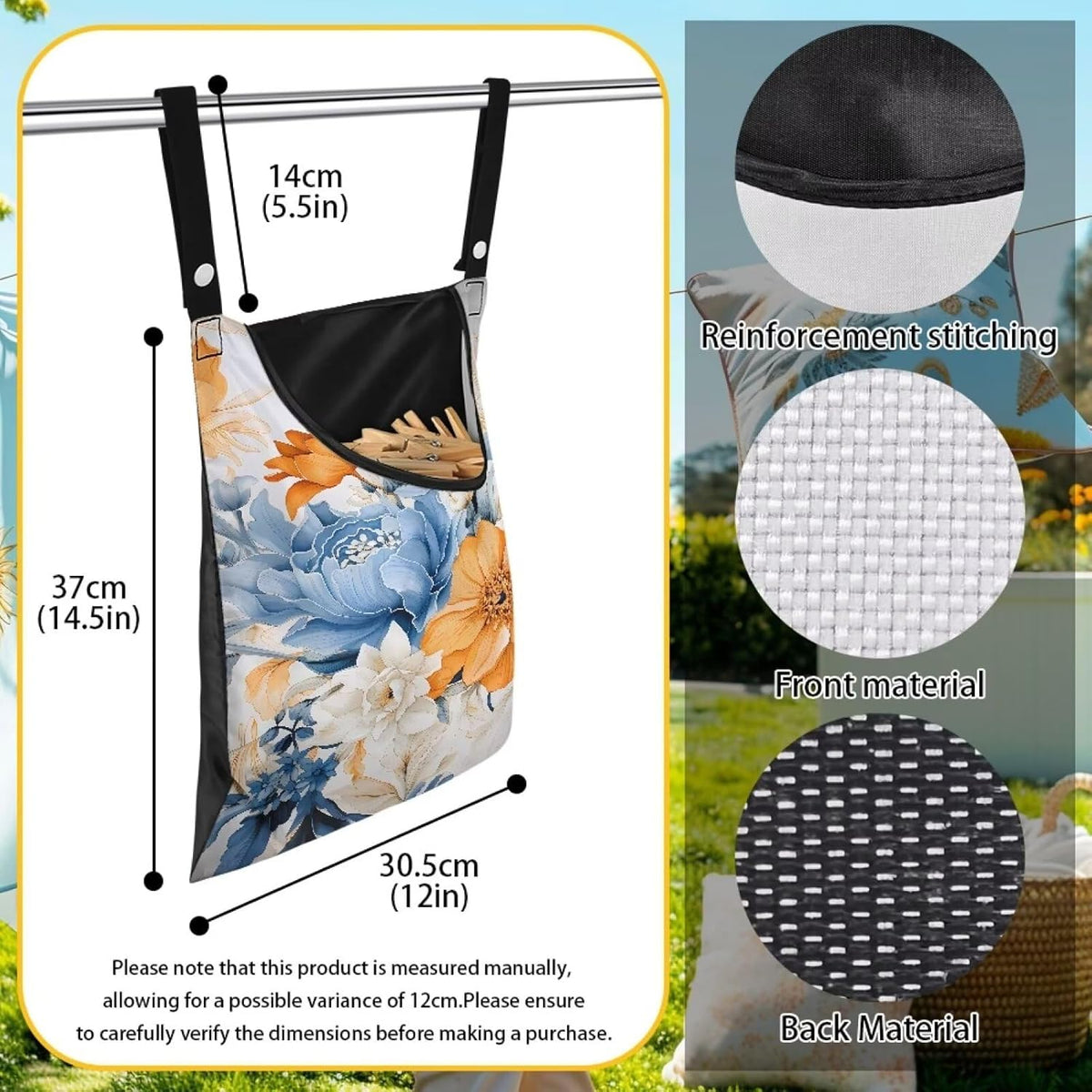 Art Flowers Clothespin Bag with Hanging Hook Summer Laundry Clothes Pin Holders Waterproof Clothes
