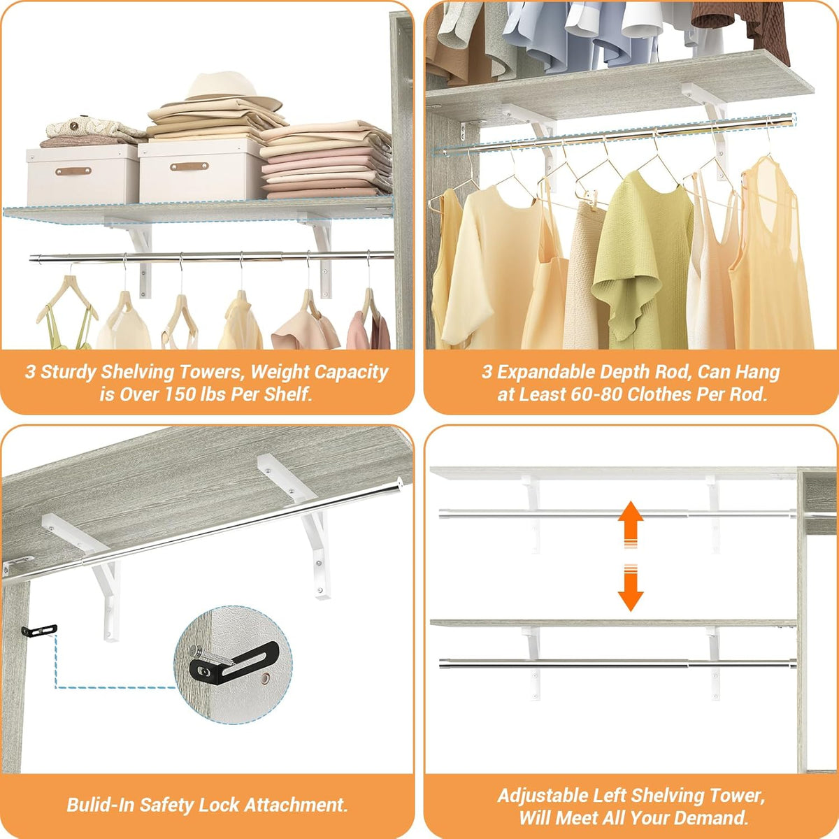 8FT Closet System with Shelves, 96'' Closet Organizer System with 3 Hanging Rods, Wall Mount