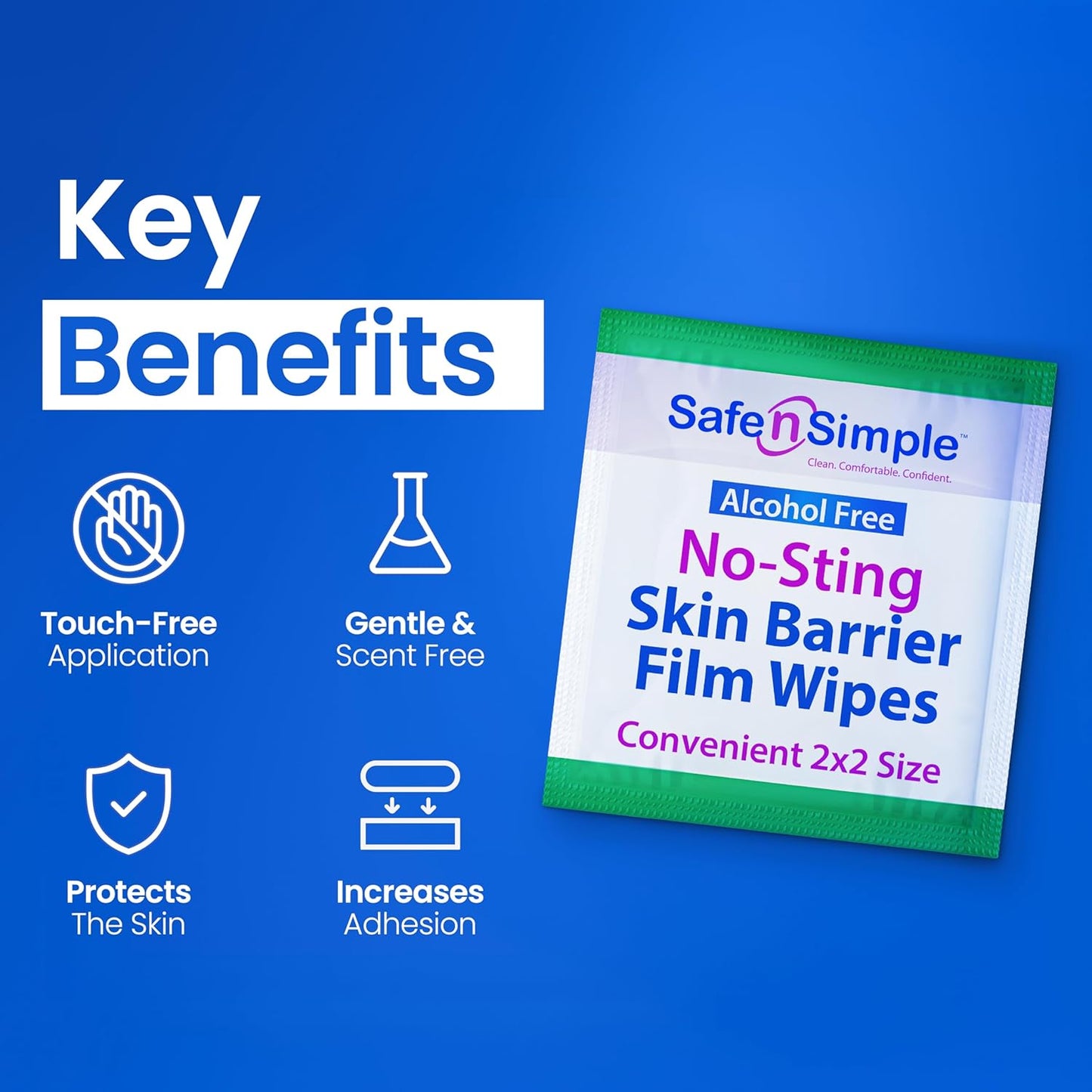 Safe n' Simple No Sting Skin Prep Wipes - 75 Individual 2" x 2" Ostomy Barrier Film Wipes - Skin