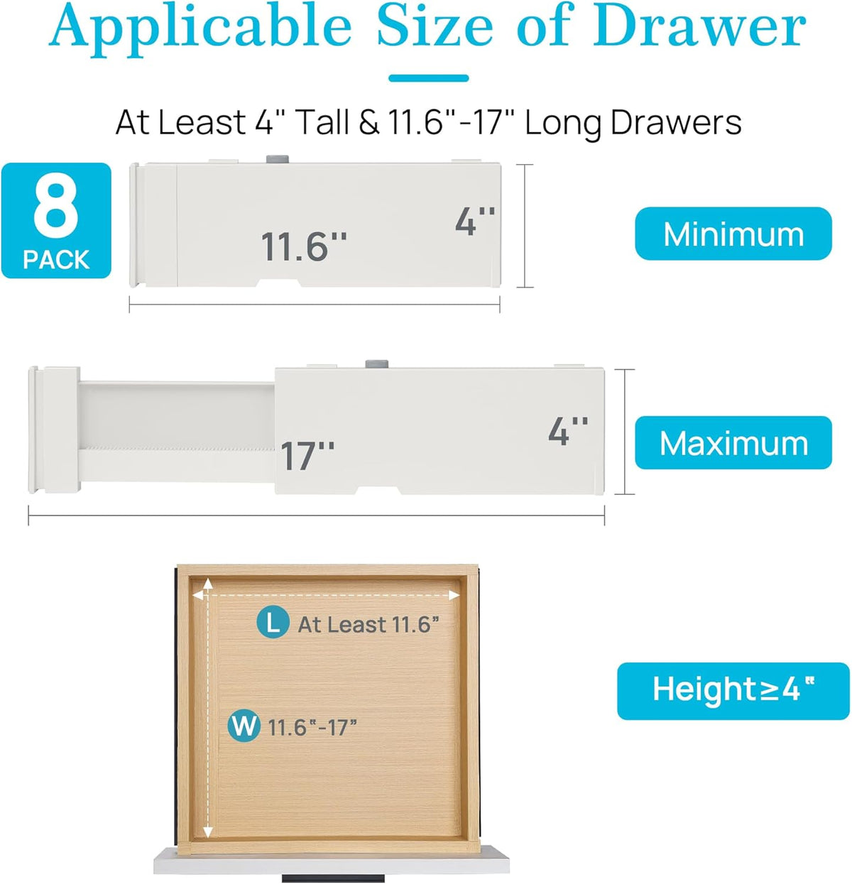 Vtopmart Drawer Dividers for Clothes 8 Pack, Adjustable 4" High Expandable from 11.6"-17" Dresser