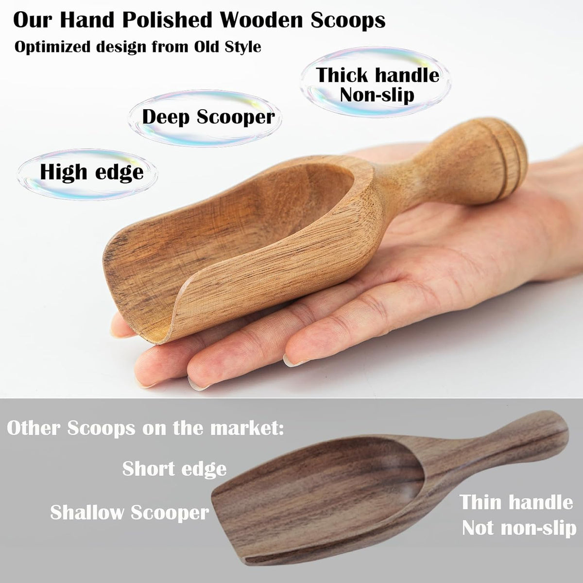 Big Coffee Scoops Shovel,Large Ground Coffee Scoop 2PCS Large Wooden Scoops for Jars 5.9″ Acacia