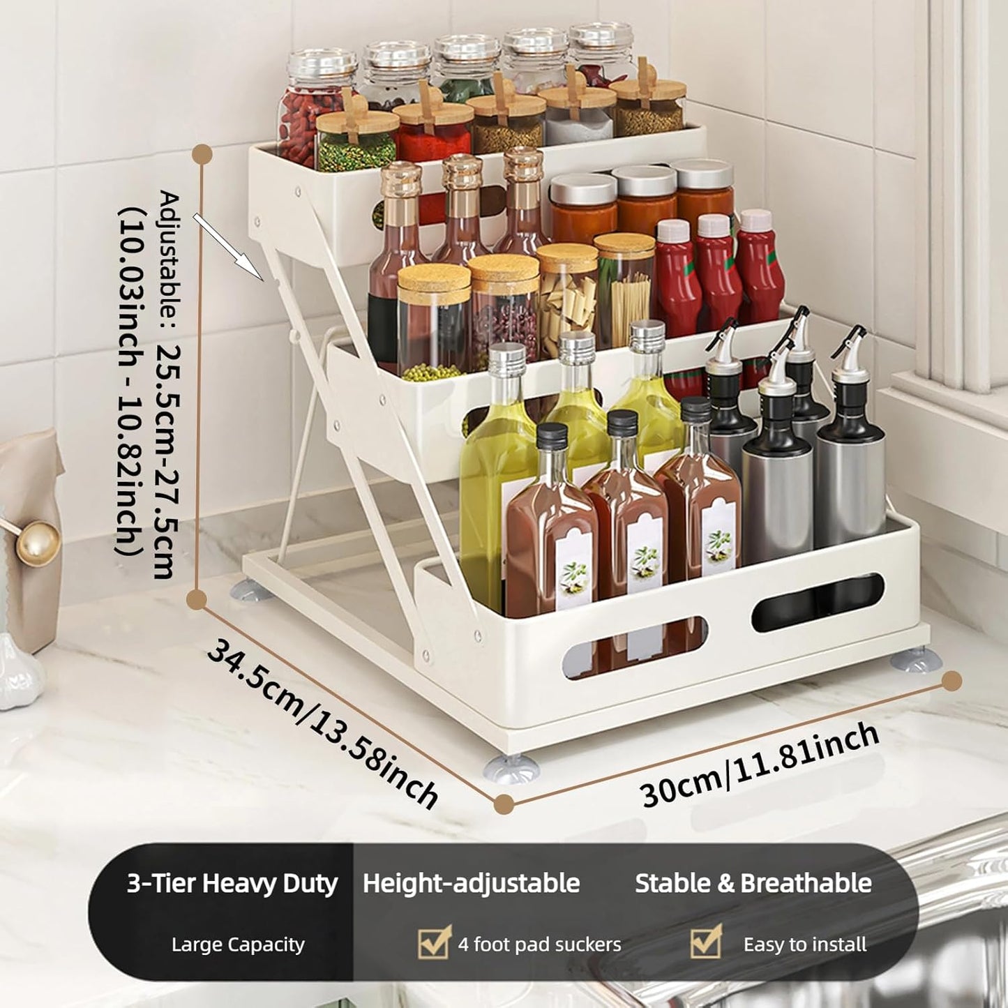 Bokelai Spice Rack 3 Tier Foldable Seasoning Organizer Jars Storage Holder Step Shelf for Cabinet