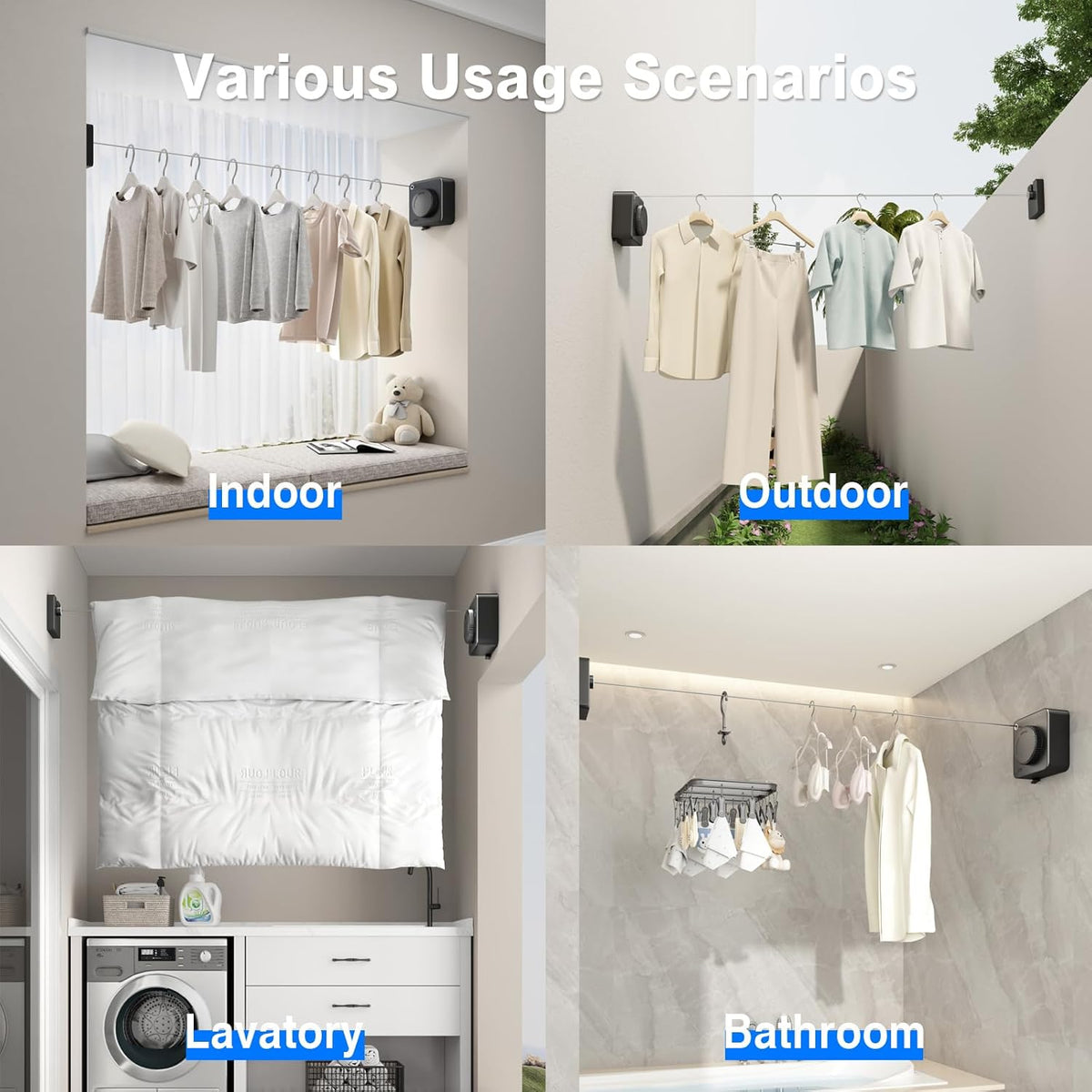 Retractable Clothesline Indoor, Non-Sagging Outdoor Clothes Line Retracting Heavy Duty Clothes