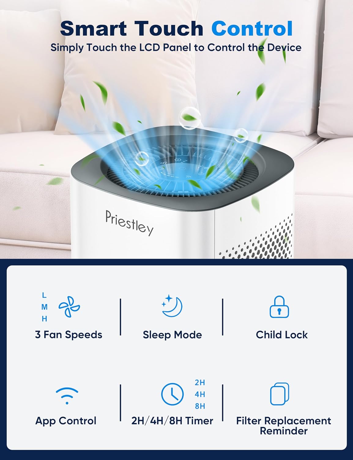 Priestley Air Purifier for Bedroom, Home, Dorm Up to 1100Ft², Smart WiFi Air Purifiers, 3-in-1 Air