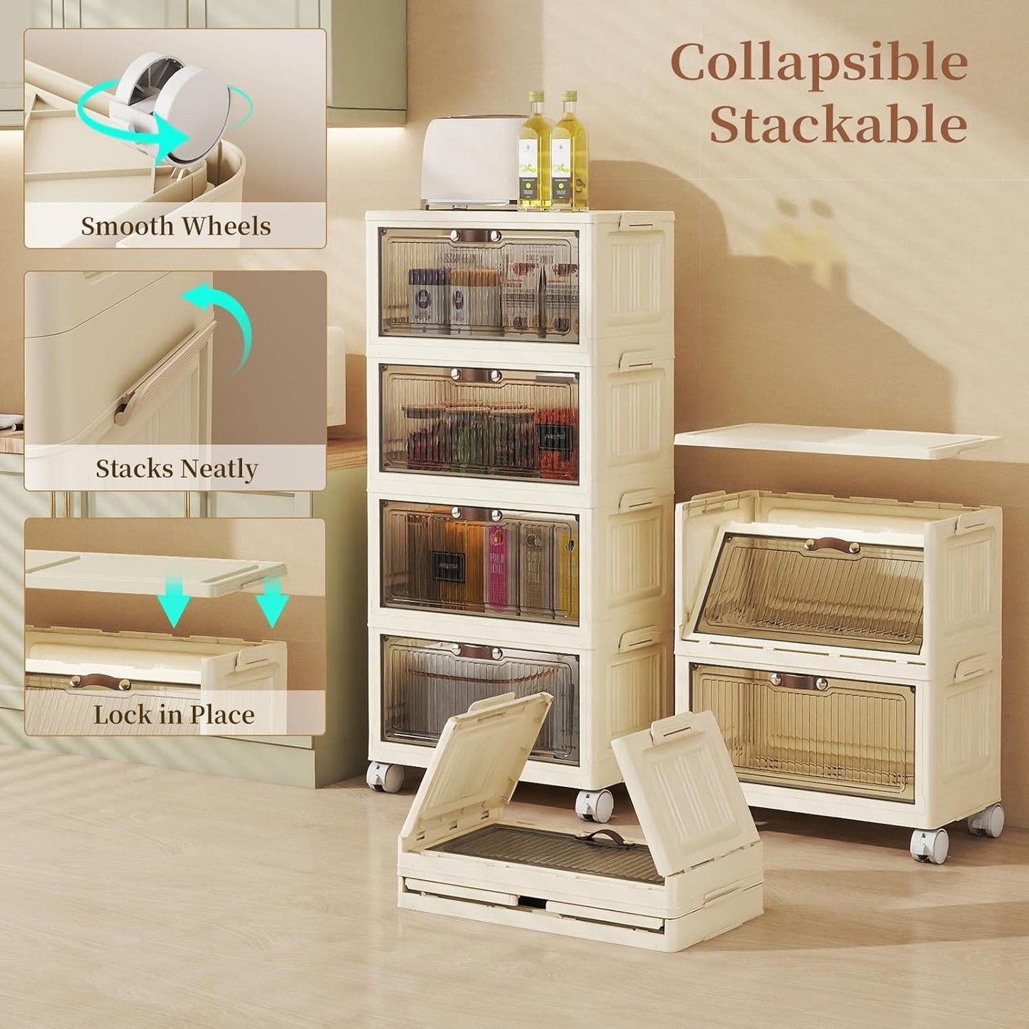 3 Tier - 48QT Storage Bins with Lids, Collapsible Storage Bins with Doors and Wheels, Plastic