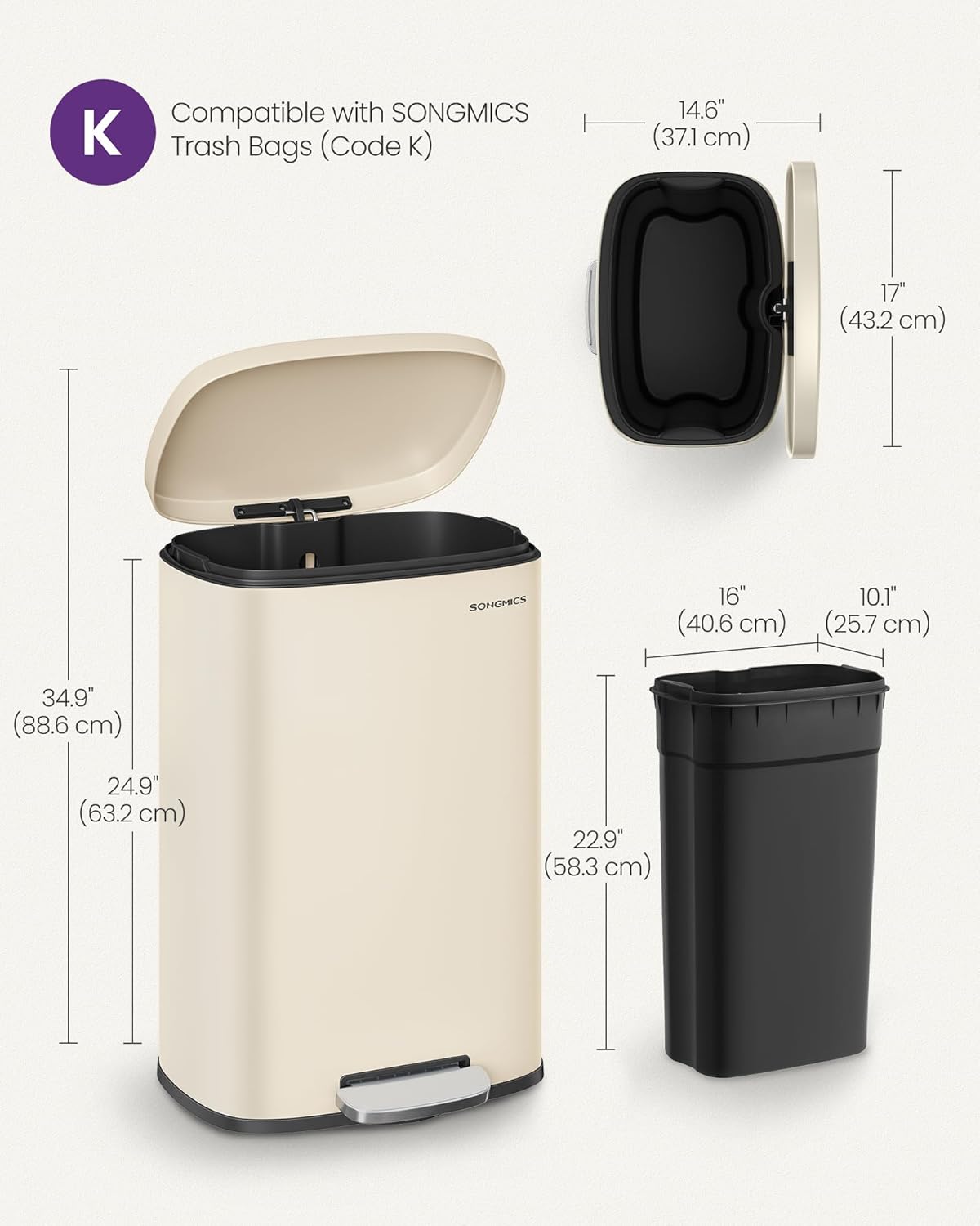 SONGMICS 13 Gallon (50 L) Trash Can, Stainless Steel Kitchen Garbage Can, Recycling or Waste Bin