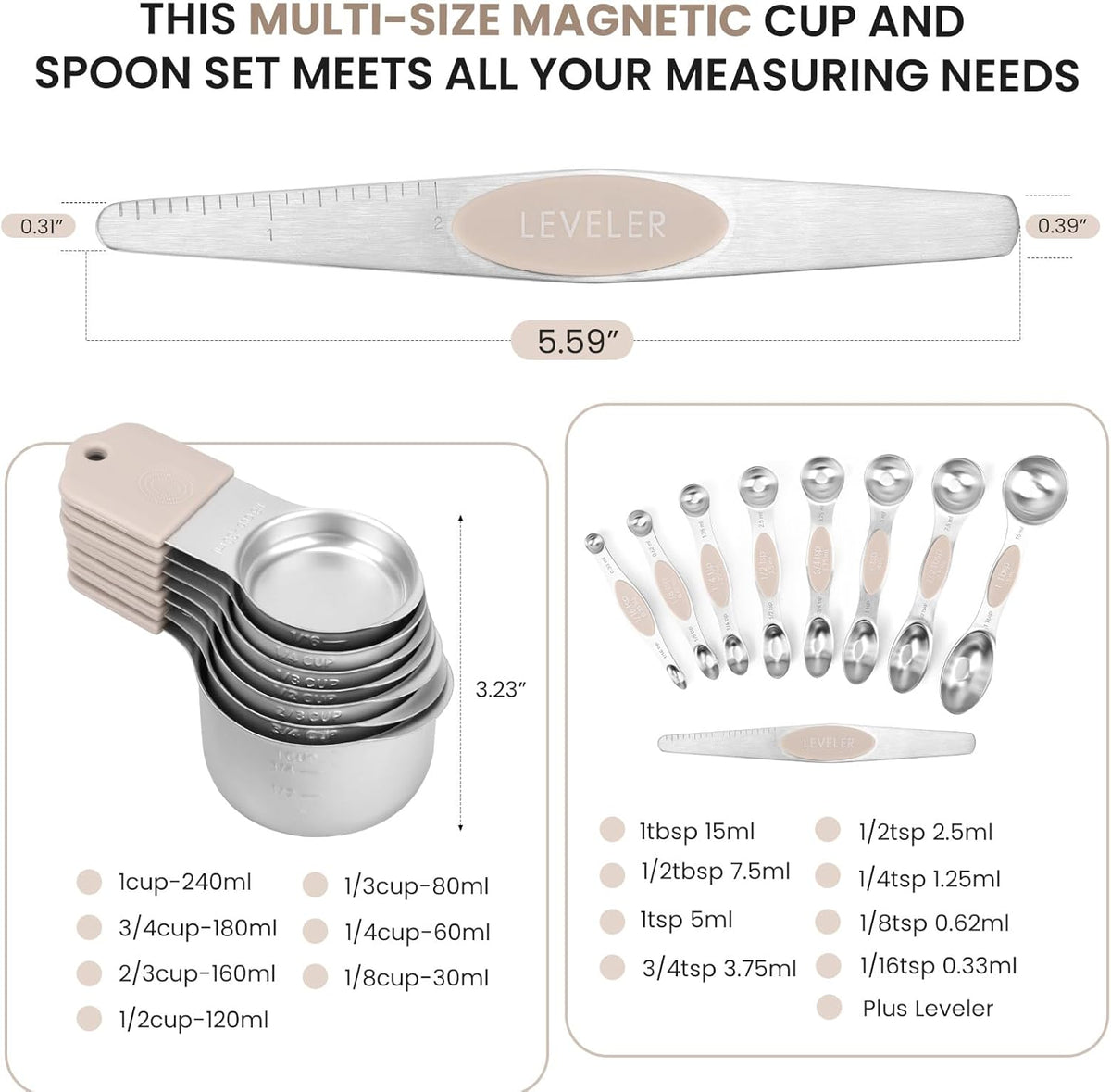 Magnetic Measuring Cups and Spoons Set-Heavy Duty 304 Stainless Steel,Double Measurement
